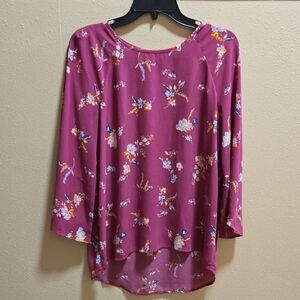 Magenta Floral Long-Sleeve Scoop Neck Blouse